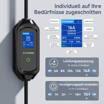 Type 2 oplaadkabel Schuko 3,6kW 5m, 6-16A 1-fase oplaadkabel Type 2, draagbaar EV-oplaadstation met digitale display, EV-oplader tijdfunctie & IP65, voor PHEV & EV IEC 62196-2