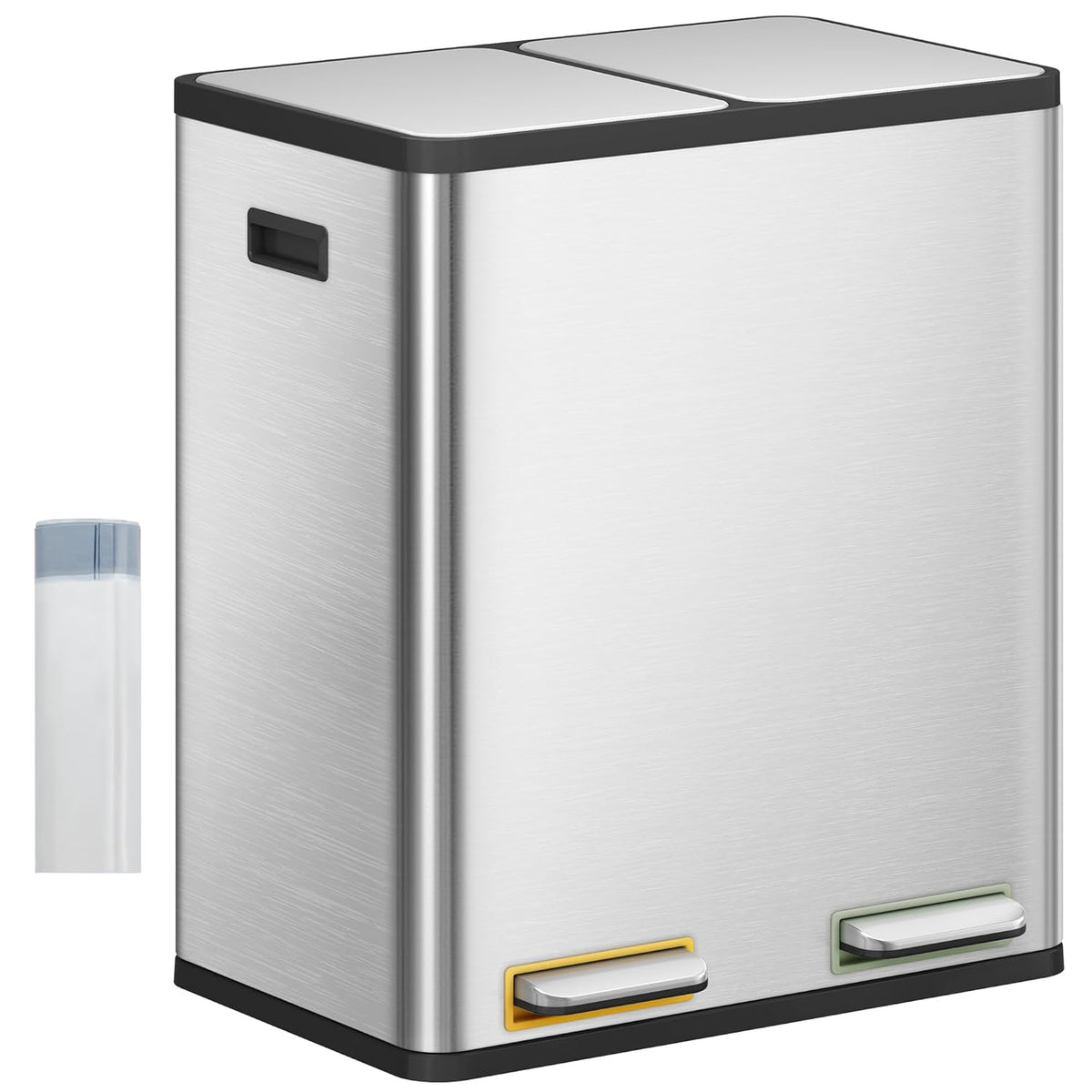 Hzuaneri Kitchen Waste Bin, Waste Separation System (2 x 30 litres), Stainless Steel Kitchen Waste Bin with Color Coded Pedal, Silent and Slow Baging, Includes 15 Waste Bags, Silver Color SW23099E