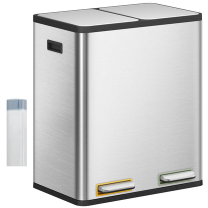 Hzuaneri Kitchen Waste Bin, Waste Separation System (2 x 30 litres), Stainless Steel Kitchen Waste Bin with Color Coded Pedal, Silent and Slow Baging, Includes 15 Waste Bags, Silver Color SW23099E
