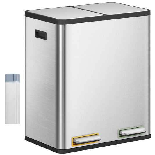 Hzuaneri Kitchen Waste Bin, Waste Separation System (2 x 30 litres), Stainless Steel Kitchen Waste Bin with Color Coded Pedal, Silent and Slow Baging, Includes 15 Waste Bags, Silver Color SW23099E