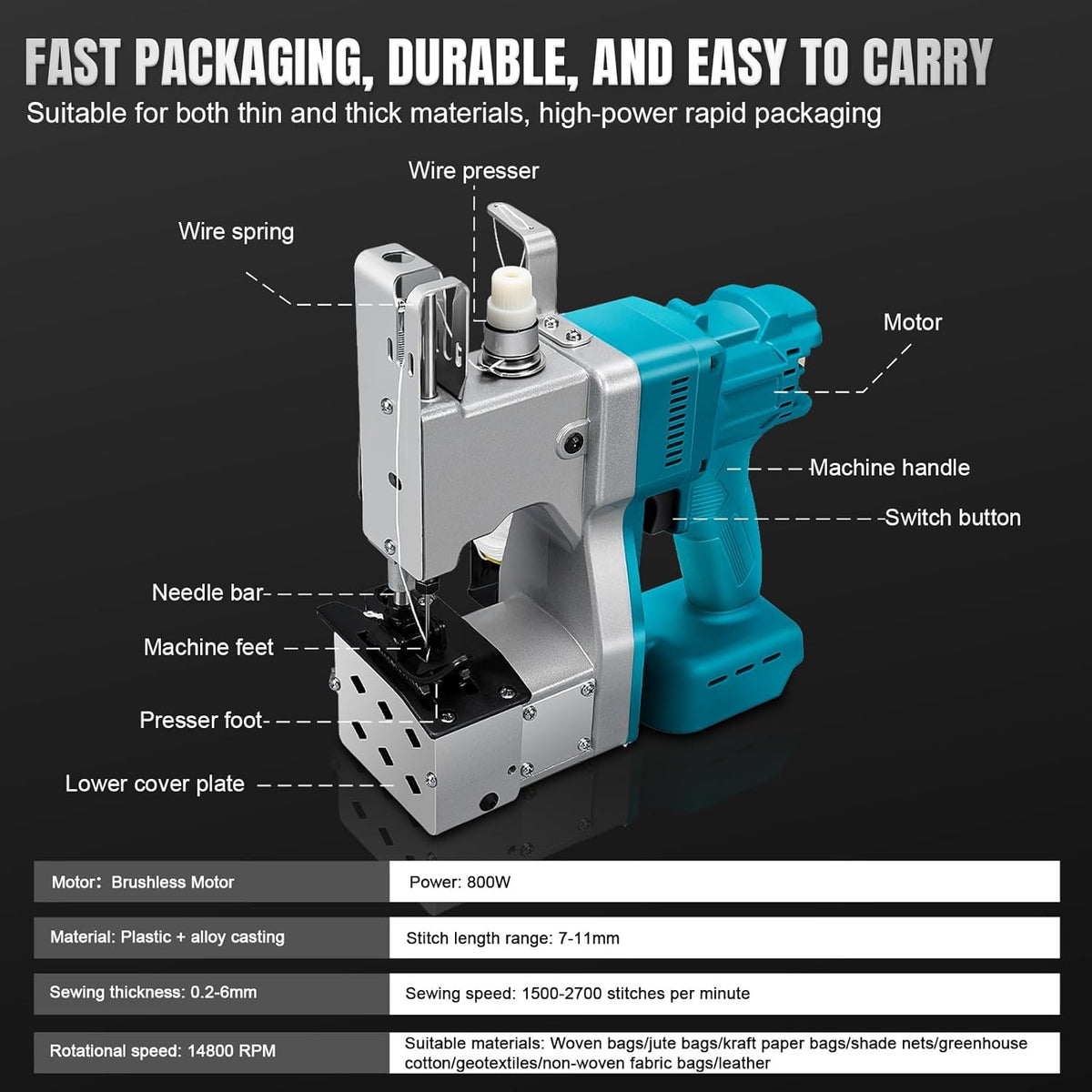 Accu-zaknaaimachine – Zaknaaimachine – Draagbare Naaimachine – Accunaaimachine – Elektrische Handnaaimachine – Borstelloze 800W Motor – Automatische Draadafsnijding
