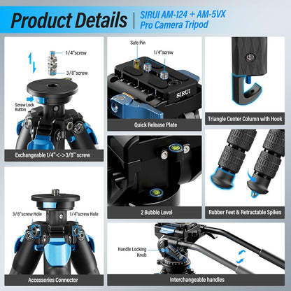 SIRUI AM-124 Koolstofvezel statief met AM-5VX vloeistofkop, 65 inch compact videocamerastatief voor reizen, driehoekige middenkolom, zijlader QR-plaat, waterdicht draaislot, belastingen 3 kg