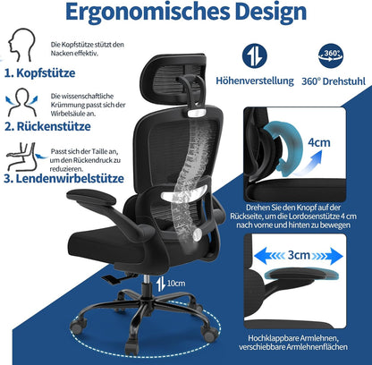 TRALT Bureaustoel, ergonomisch, bureaustoel met verstelbare lendensteun, hoofdsteun, gamingstoel, kantoorstoel, ergonomisch, 150 kg, voor grote mensen, zwart