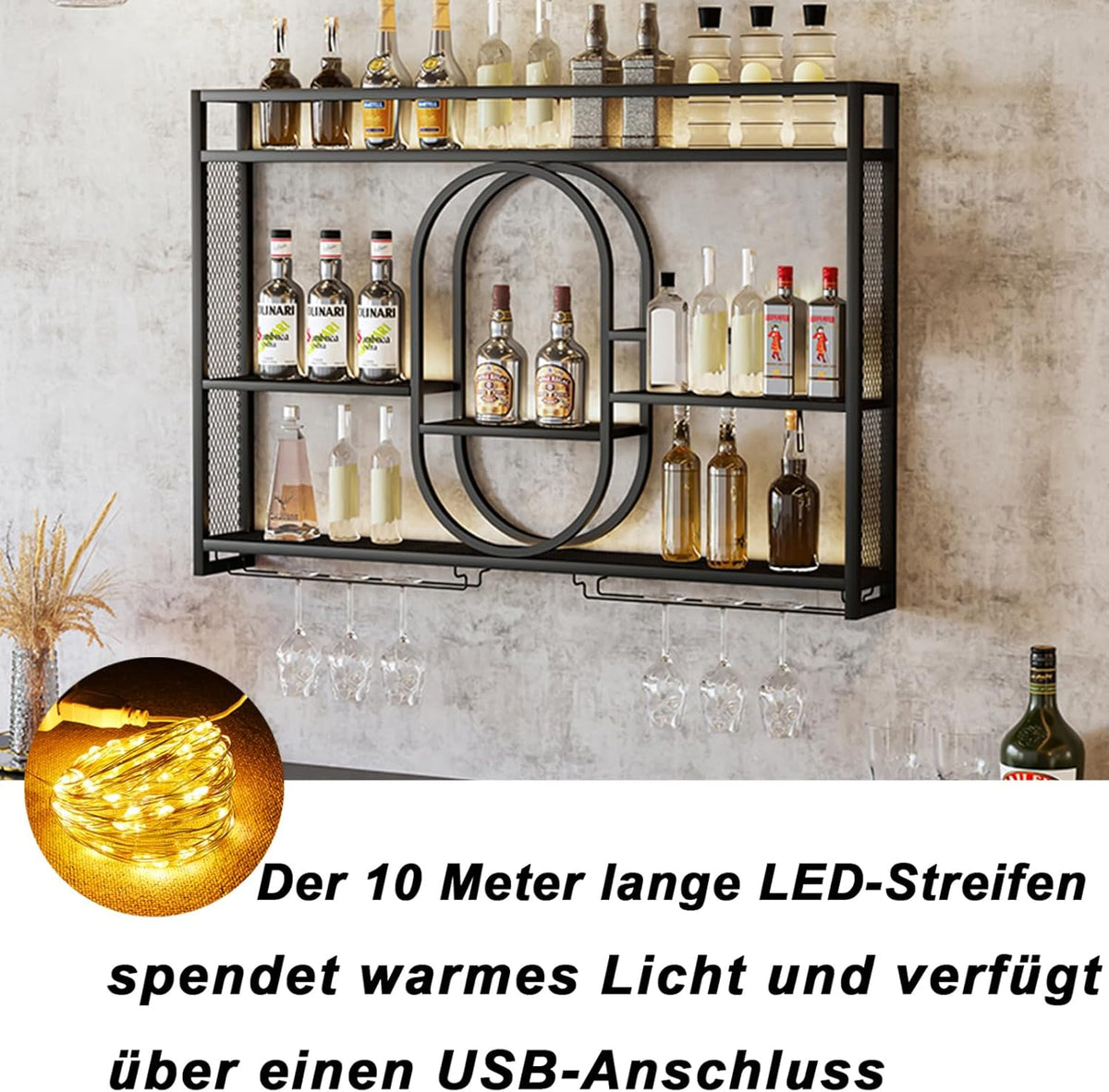 Wall Wine Rack Metal with LED Lighting & Modular Wine Bottle Holder | Modern Wine Storage for Home Bar, Kitchen, Hospitality | Robust Holder + Easy Assembly (incl. Plugs) (Black, 1.2 m) - QUORE