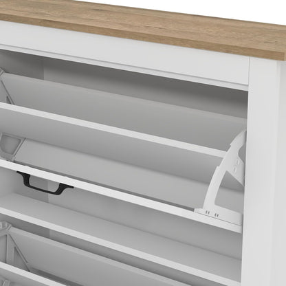 Galano Laverton 2-laags flip-down schoenenkast, slanke moderne schoenopbergkast voor hal, slaapkamer of woonkamer (wit/eiken)