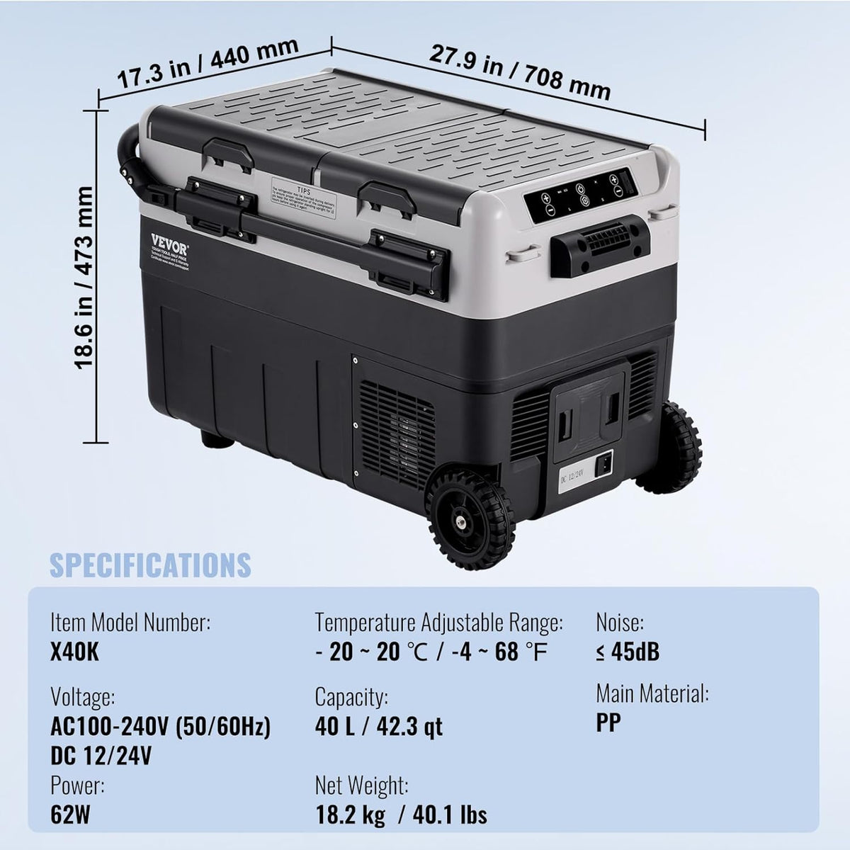 VEVOR Draagbare autokoelkast, 12 V koelkast, 40 l, twee-zone draagbare vriezer, instelbare temperatuur -20~20 °C, compressorkoeler voor thuis, outdoor, camper, auto