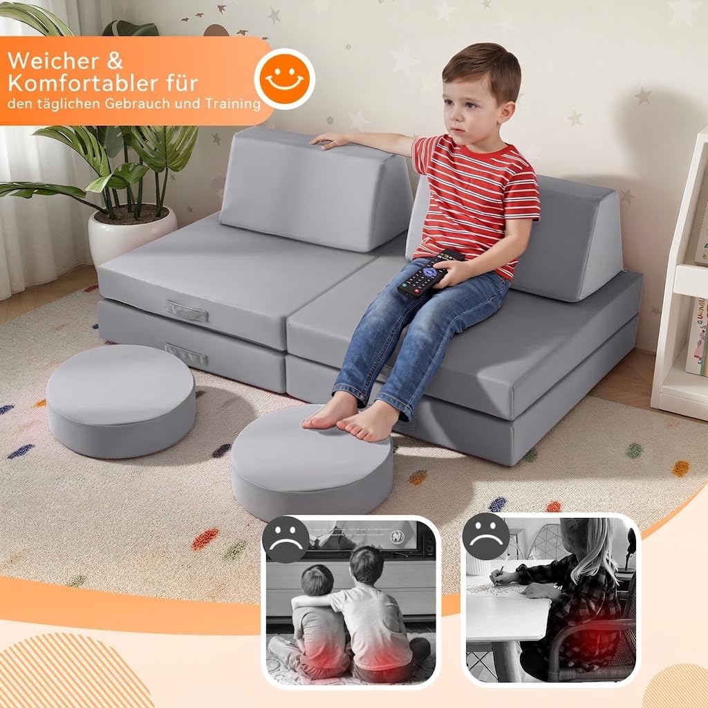 MeMoreCool Speelbank voor kinderen, Modulair fauteuilbank voor knuffelhoek kinderkamer, Slaapbank, 8-delig kinderbank speelset, Schuimbank met slaapfunctie voor meisjes jongens, Grijs