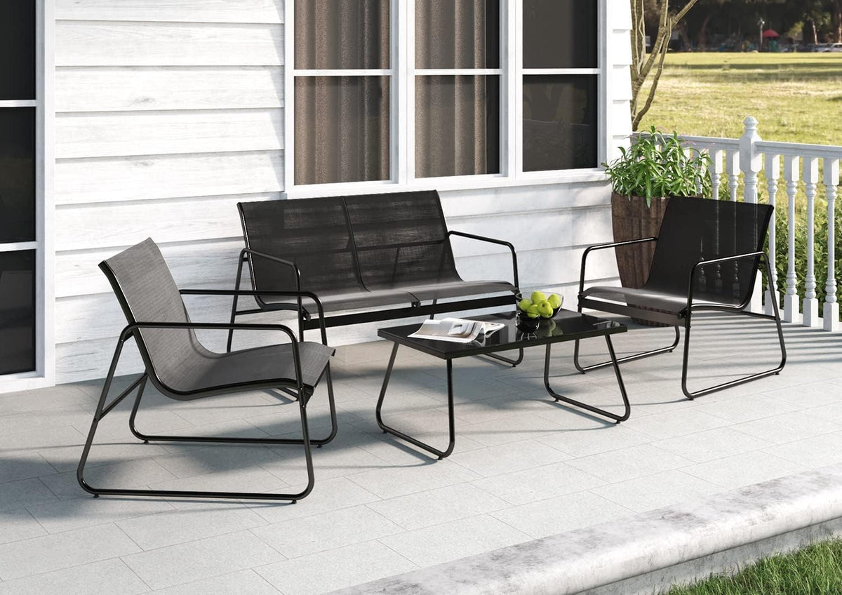 Grand patio Conversatiesets, 4-delig, tuintafel en stoelen, mesh sling Farbic, waterdicht, ademend, tuinmeubelsets voor buiten, achtertuin, zwembad (zwart)