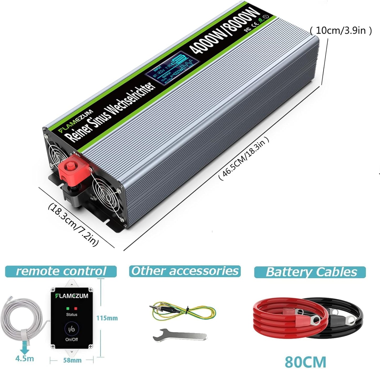 FLAMEZUM 4000 W Power Inverter,Omvormer 12V naar 230V Zuivere Sinus spanningsomvormer, 2 EU Stopcontact met USB-uitgang,Afstandsbediening,Geschikt voor koelkasten,Elektrisch Gereedschap