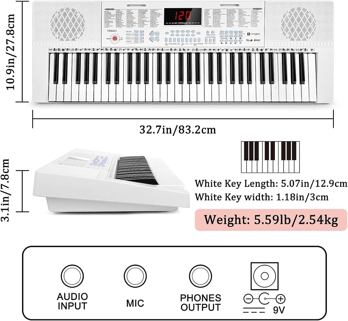 Elektronisch pianotoetsenbord – Keyboard – Elektrische piano – Digitale piano – Pianokeyboard – Wit – 61 Verlichte Toetsen – 350 Klankkleuren En 350 Ritmes