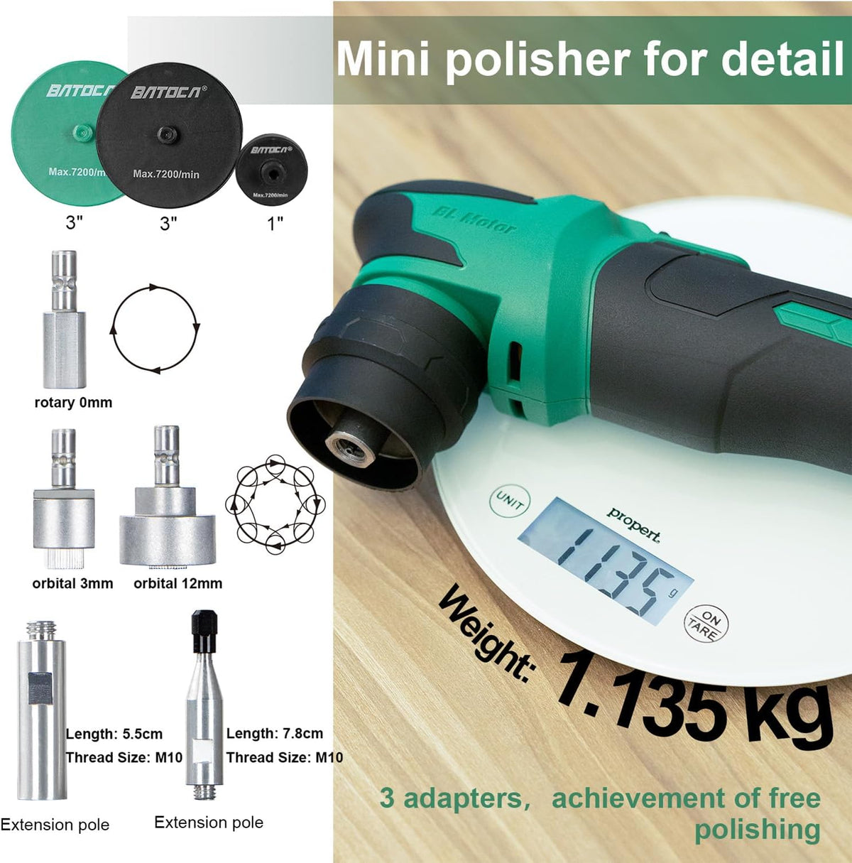 BATOCA Mini Accu polijstmachine S4,Roterend en Orbitaal,Koplamp polijsten,25mm/75mm Polijstset,Borstelloze Motor,Professionele Detail Polijstmachine Kit met 2 x 2.5Ah 12V Accu's,2000-5500PRM