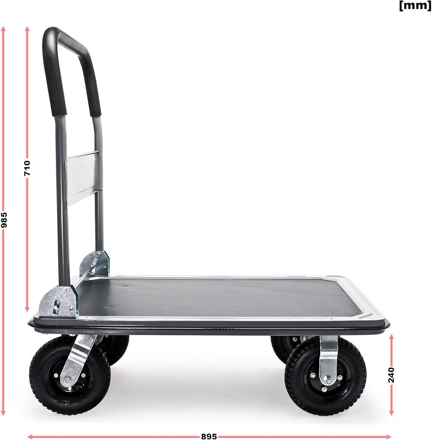 Wiltec Platform trolley up to 300 kg platform truck with robust pneumatic tyres and folding handle, flexible magazine trolley 89x61x98 cm with side protection and non-slip