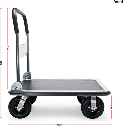 Wiltec Platform trolley up to 300 kg platform truck with robust pneumatic tyres and folding handle, flexible magazine trolley 89x61x98 cm with side protection and non-slip