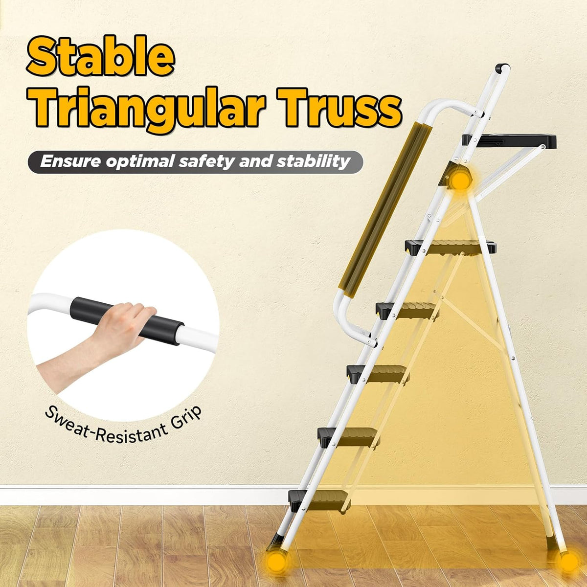 5-traps ladder met gereedschapsbak, opvouwbare stalen opstapkruk met veiligheidsslot en leuning, brede antislip pedalen, 150 kg draagkracht, draagbare ladder voor keuken, kantoor, thuis
