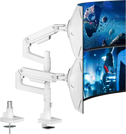 ARES WING Monitorhouder, 2 monitoren voor 17-49 inch beeldschermen, monitorhouder verticaal met gasveer, in hoogte verstelbaar, draaibare monitorhouder, max. 20 kg/arm, monitorarm, wit