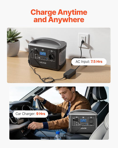 VEVOR Draagbaar powerstation, 600 W, LifePO4-accu, 493 WH, met 7 uitgangen, voor thuis, camping, reizen in de camper, zonnepaneel niet inbegrepen