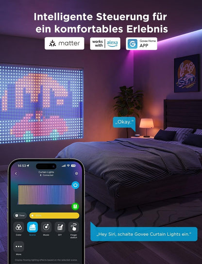 Govee Curtain Lights 2.0, DIY Smart LED-gordijn met GIF, 520 RGBIC-kleurveranderende LED-verlichting, max. IP65 waterdicht, Alexa-compatibel, feestdecoratie (1,5 × 2 m)