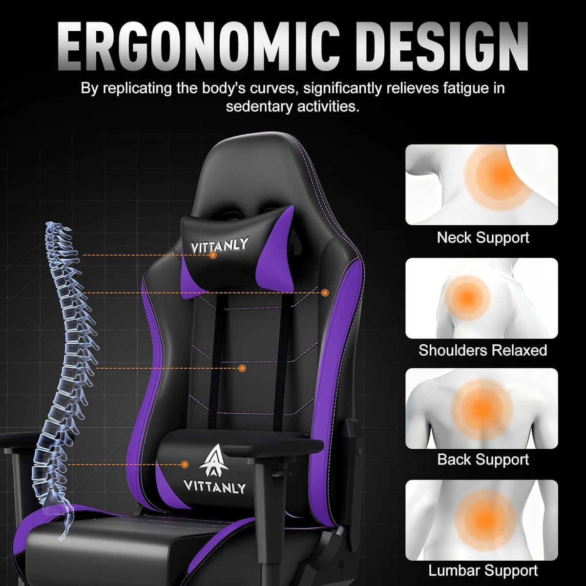 Ergonomische Gamingstoel – Gamerstoel – Bureaustoel – Gaming Stoel – Gamechair – In Hoogte Verstelbaar – 90-165° Kantelbare Rugleuning – Draaibaar 360° – Lila Variant – Met Hoofdsteun en Lendenkussen – Stevig Tot 150 kg