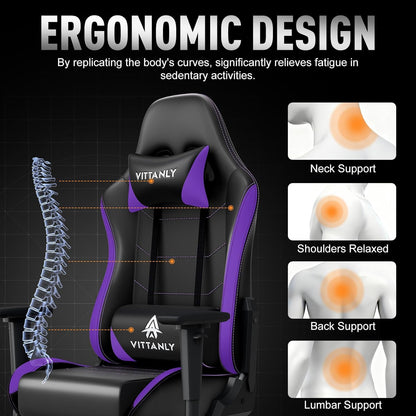 Ergonomische Gamingstoel – Gamerstoel – Bureaustoel – Gaming Stoel – Gamechair – In Hoogte Verstelbaar – 90-165° Kantelbare Rugleuning – Draaibaar 360° – Lila Variant – Met Hoofdsteun en Lendenkussen – Stevig Tot 150 kg