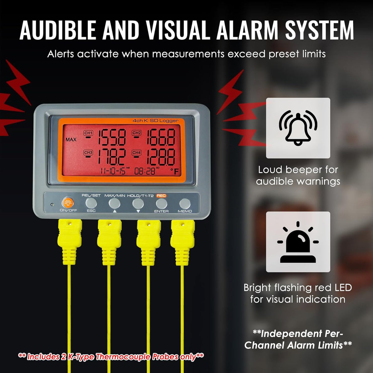 4 Kanaals K Type Thermometer Sd-kaart Datalogger Thermoelementtemperatuur Met Pieper En Led-alarm + 2 K Thermoelementsonde