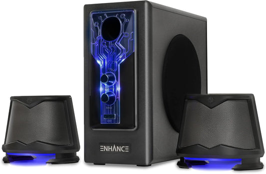 ENHANCE SB 2.1 Computerluidspreker met subwoofer – blauwe led-gamingluidspreker, high-excursion-geluidssysteem, AC-voeding, volume- en basregeling, compatibel met gaming-pc, desktop, laptop
