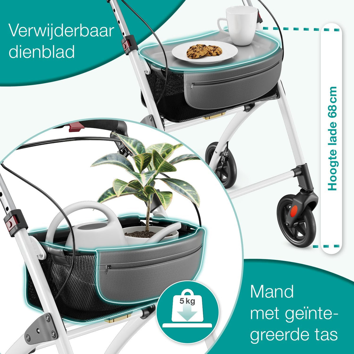 ELONEO Lichtgewicht Rollator voor Binnen - 54 cm Breed, Opvouwbaar Looprek met Dienblad en Stoffen Mandje, Smalle Rollator van Aluminium, Inklapbaar Mobiliteitshulpmiddel, Wit