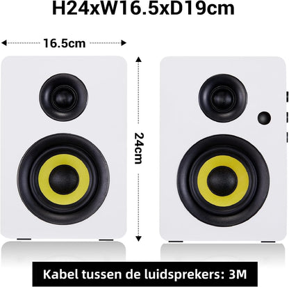 Sanyun SW206 4” HiFi Boekenplankluidsprekers met Studiomodus, 80W Actief, Bluetooth 5.4/Optisch/Coaxiaal/TRS/Aux/24bit DAC USB, voor Draaitafel TV PC Desktop, MDF Kabinet, Afstandsbediening, Wit