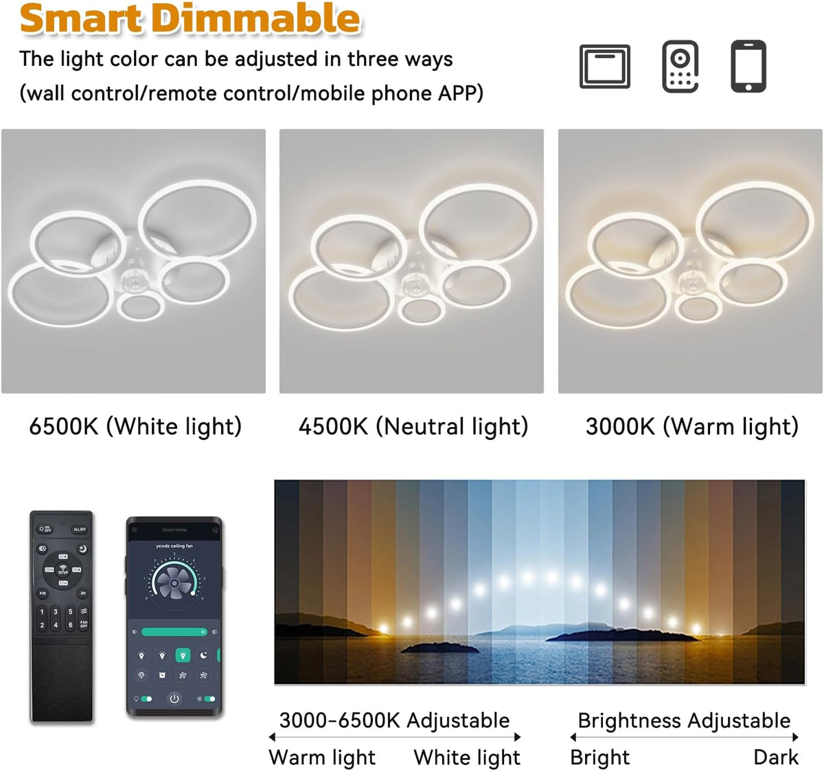 Plafondventilatoren Met Verlichting met Afstandsbediening, LED Ring Ventilator Lamp Plafond, Dimbaar, DC Motor, Omkeerbare 6 Snelheden, Ceiling Fan with Light voor Slaapkamer, Keuken
