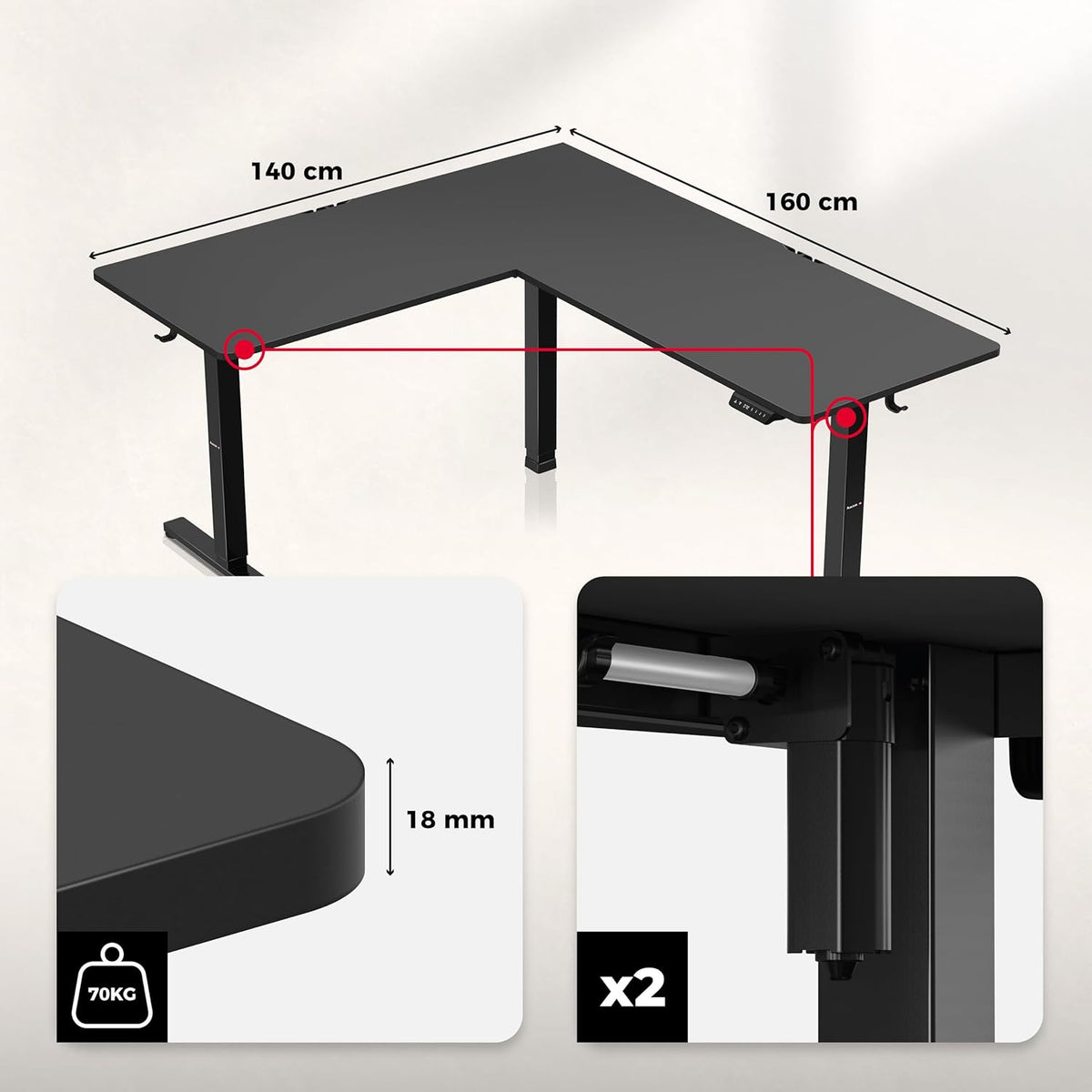 huzaro Hero 9.5 Motorcycle Desk, Height Adjustable, Corner Desk, Electric Standing Desk, 160 x 140 cm, L Shape, Changeable Left and Right, 3 Memory Control, Memo Board, Black - QUORE