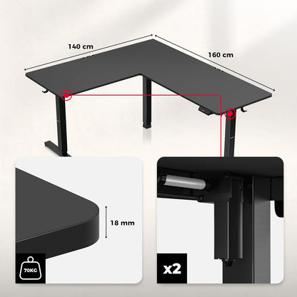 huzaro Hero 9.5 Motorcycle Desk, Height Adjustable, Corner Desk, Electric Standing Desk, 160 x 140 cm, L Shape, Changeable Left and Right, 3 Memory Control, Memo Board, Black - QUORE