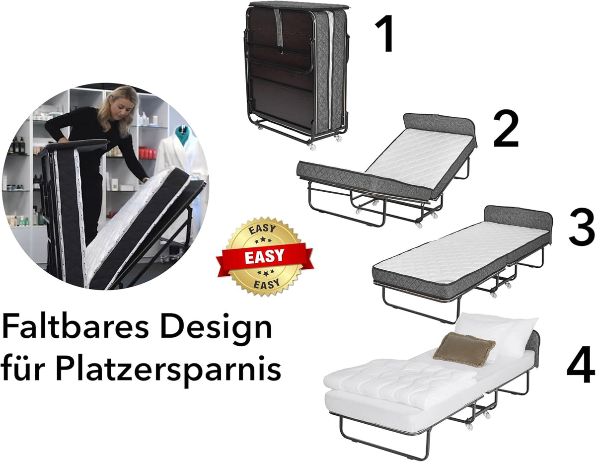 Edward Bed & Bath Opklapbaar logeerbed met wieltjes, 90 x 200 cm, 14 cm pocketveringmatras (middelhard), ruimtebesparend, stabiel en belastbaar, opklapbed, beige