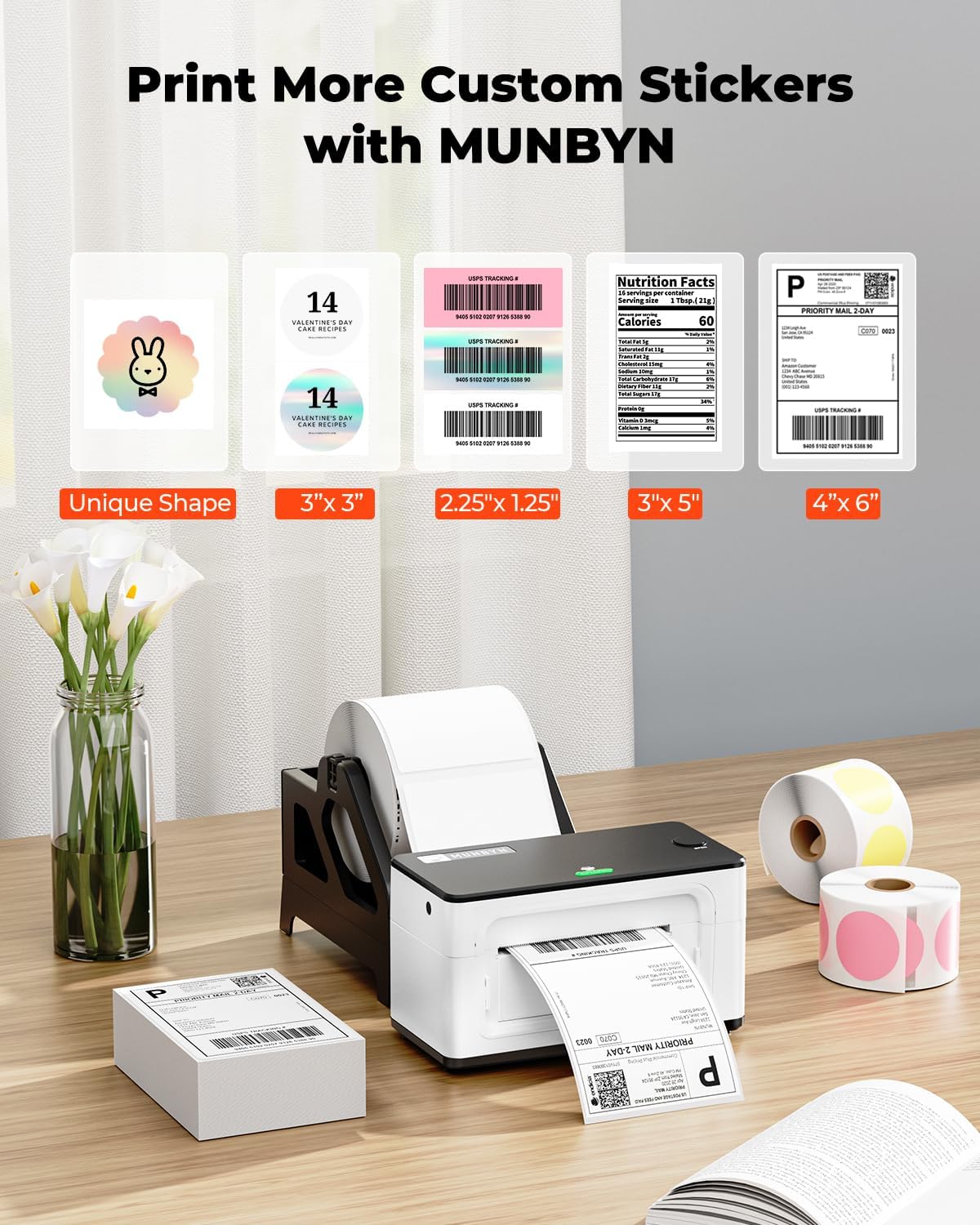 MUNBYN 941 300 DPI Bluetooth thermische printer 4 x 6, zonder inkt en zelfklevend, afdruksnelheid 150 mm/s, USB/Bluetooth-verbinding, compatibel met Colissimo, UPS, Amazon, Ebay, Shopify