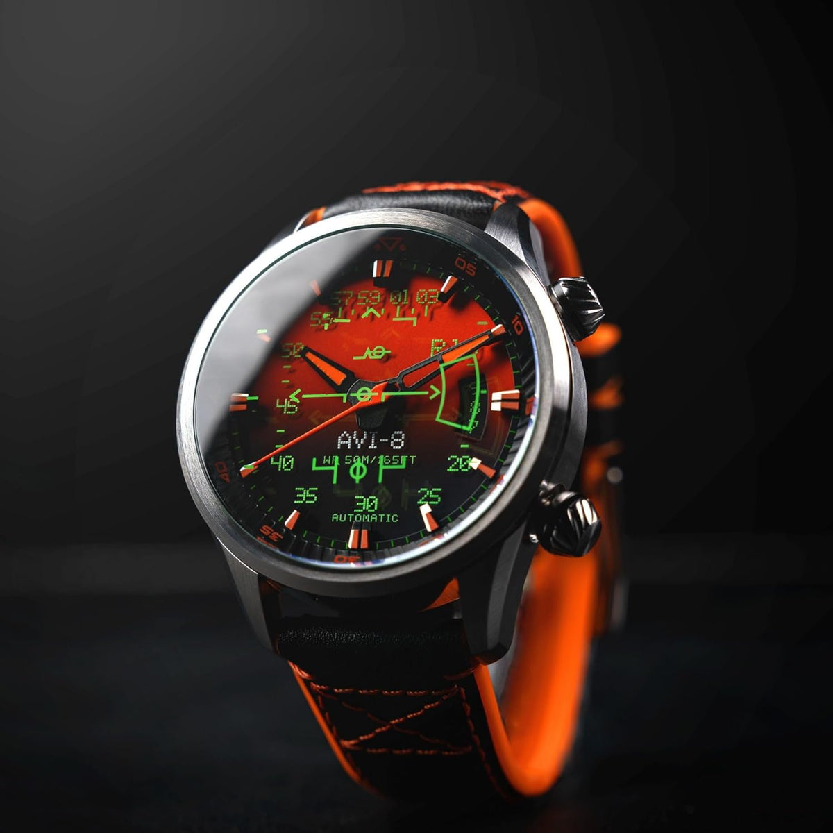 AVI-8 Heren 44mm Hawker Harrier HUD automatisch horloge met rubber/lederen band AV-4117
