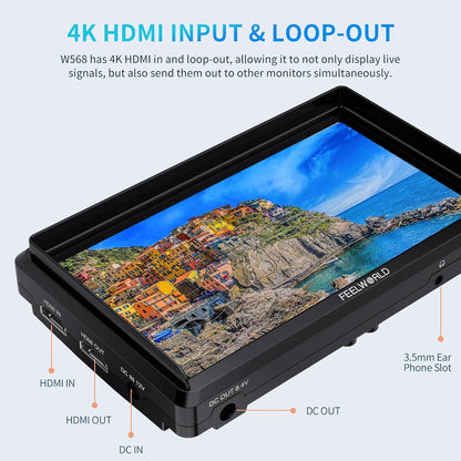 FEELWORLD FW568 V3 6 Inch Camera Field Monitor FHD 1920x1080 IPS,with 3D LUT,4K HDMI Input and Loop,Peak Focus DSLR Video Assist,HDR Waveform, Parasol for Movie Video Recording - QUORE