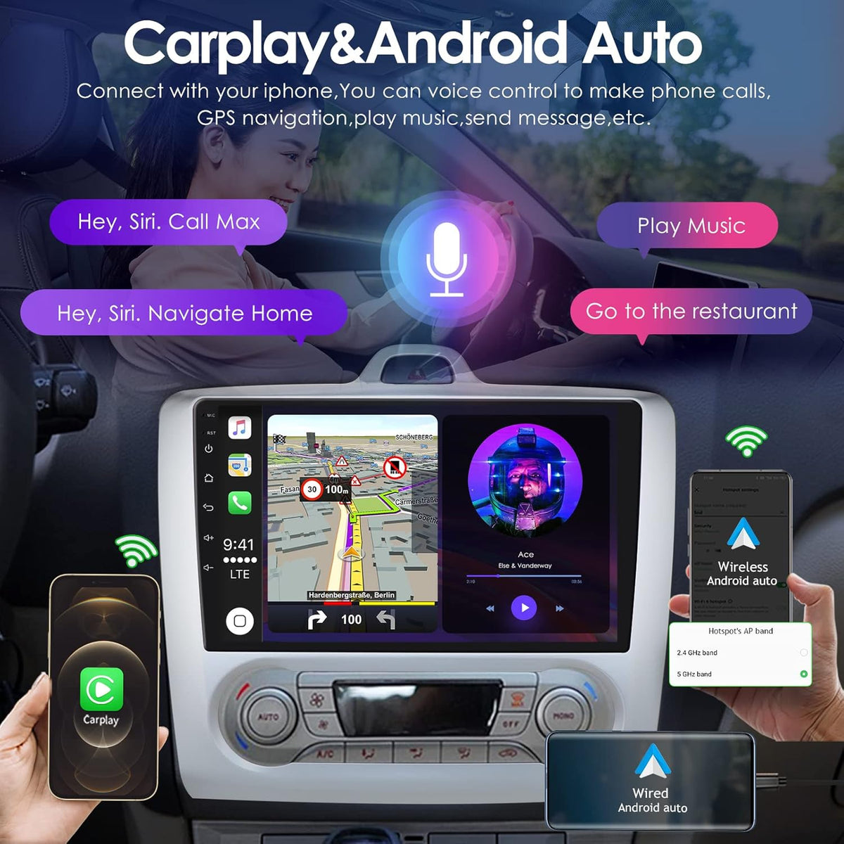 Android 12 Autoradio voor Ford Focus Exi AT 2004-2011, 4+32GB Bluetooth Auto Stereo GPS Navigatie met 9 Inch QLED Touchscreen Ondersteuning Carplay Weer Stuurbediening DSP RDS USB