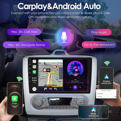 Android 12 Autoradio voor Ford Focus Exi AT 2004-2011, 4+32GB Bluetooth Auto Stereo GPS Navigatie met 9 Inch QLED Touchscreen Ondersteuning Carplay Weer Stuurbediening DSP RDS USB