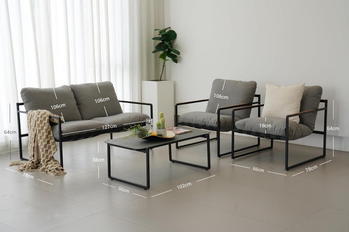 Grand patio Rope Loungeset, 4-zits tuinmeubelset met kussen, 2-zitsbank, 2 stoelen en 1 tafel, metalen zitgroep voor tuin, terras, buiten, binnen