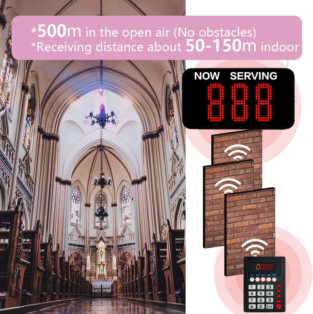 Wireless Queue Call System, 3 Digit, Restaurant Pager System for Calls, Queue System, Now-Serving Number System, Password Caller for Customers (1 LED Numeric - QUORE