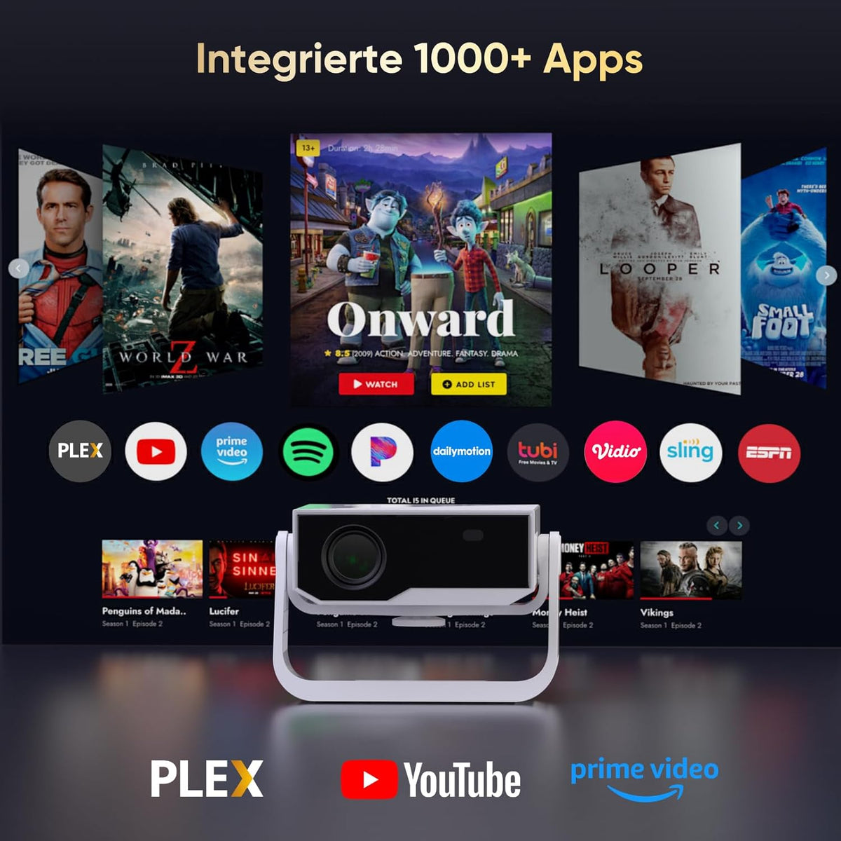 2025 Smart beamer 4K ondersteuning Android 11, Full HD 1080P, 28000 lumen, WiFi 6 en BT 5.2, houder verstelbaar 120°, elektrische focus, trapeziumcorrectie, thuisbioscoopprojector voor switch