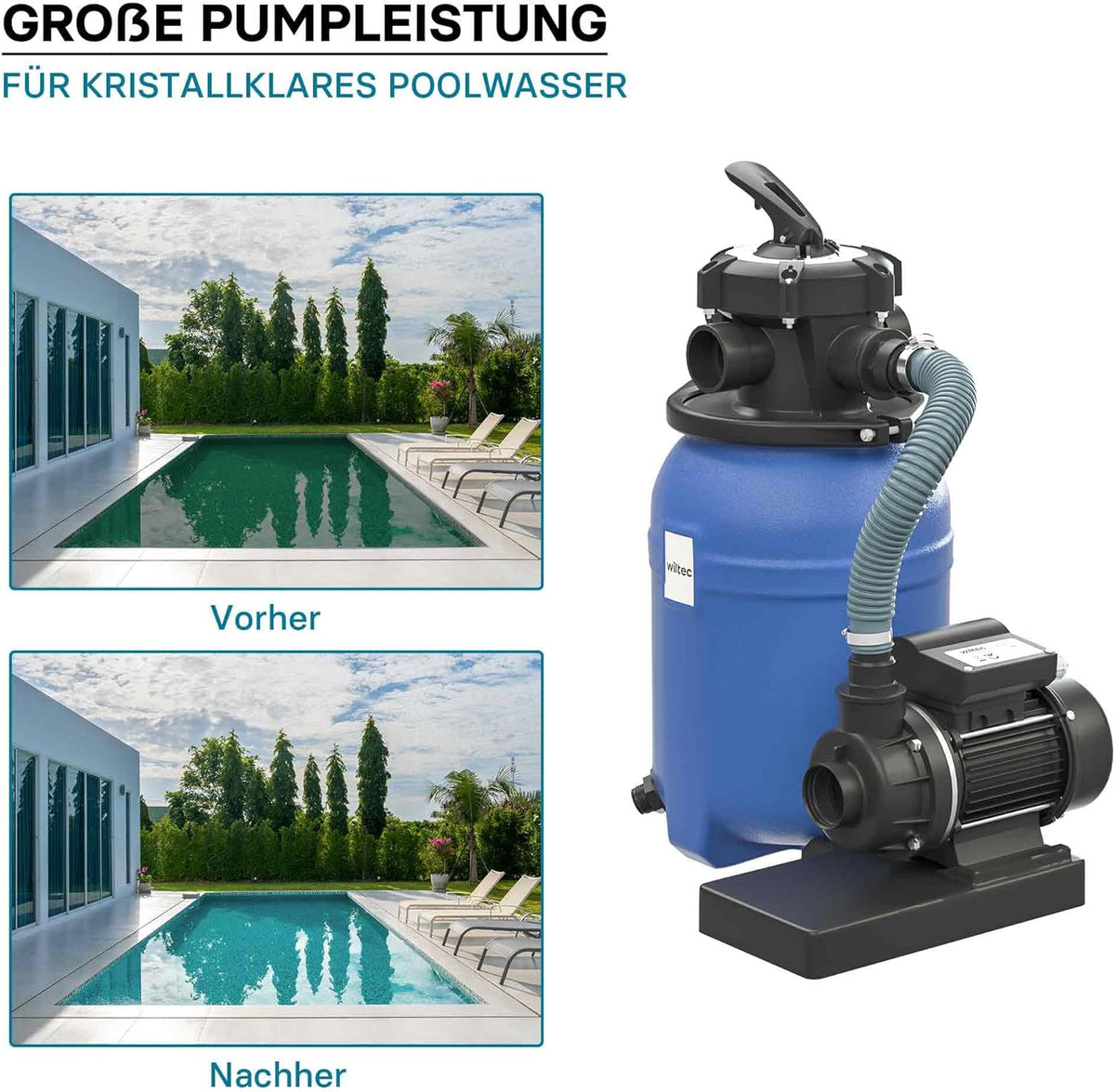 Wiltec zandfiltersysteem 180 W met 14 liter filtertank en zelfaanzuiging 9000 l/h poolpomp
