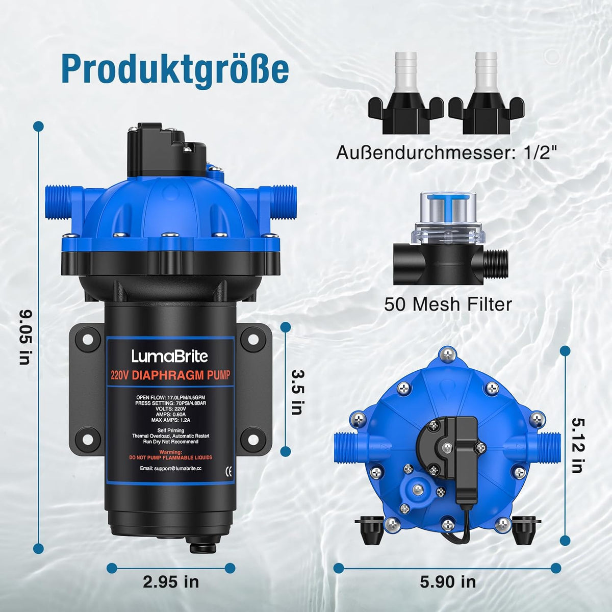 AC 220 V zelfaanzuigende drukwaterpomp, 4,5 GPM 70 PSI waterpomp, membraanpomp met drukschakelaar, caravan, voor het watersysteem, irrigatie