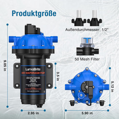 AC 220 V zelfaanzuigende drukwaterpomp, 4,5 GPM 70 PSI waterpomp, membraanpomp met drukschakelaar, caravan, voor het watersysteem, irrigatie