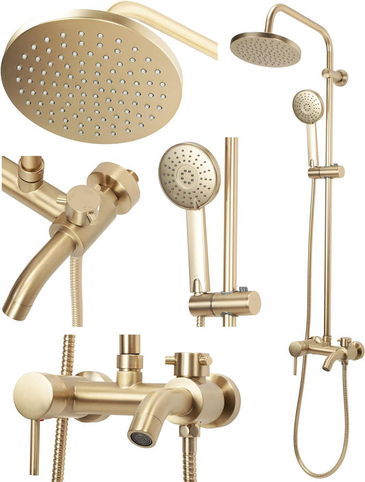 Douchesysteem – Doucheset – Douchekraan – Regendouche – Handdouche – Geborsteld Goud Messing – 20x20 cm Hoofddouche – 150 cm Handdoucheslang