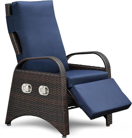 ATR ART TO REAL Verstelbare tuinstoel met geïntegreerde tafel, rotan van hars en afneembaar kussen voor binnen en buiten (marineblauw)
