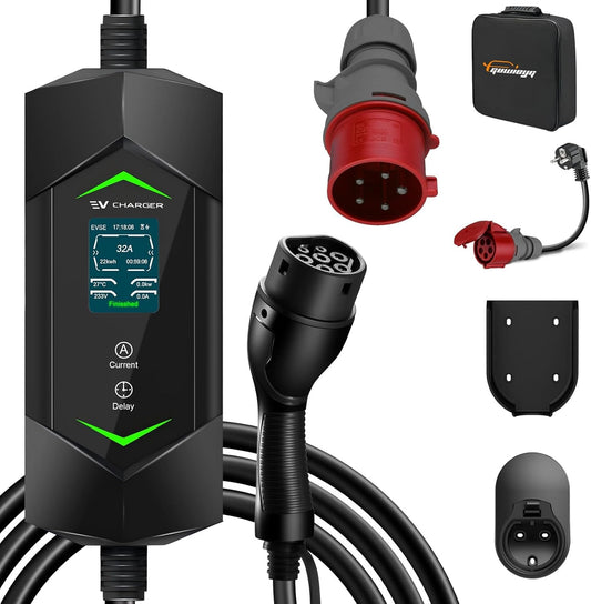 Laadkabel Type 2 – EV Oplaadkabel – Elektrische Auto Kabel – Snellader Kabel – Plug-in Hybride Kabel – 22 kW 3-Fase – Instelbare Stroomsterkte Met Digitaal Display