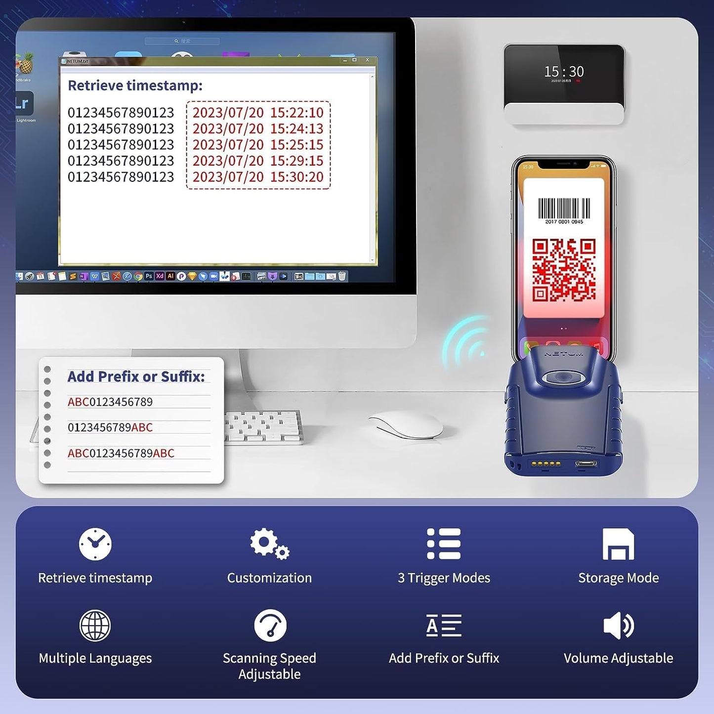 NETUM E950 Bluetooth 2D-barcodescanner, 3-in-1 Kleine Draagbare QR-barcodelezer Automatische Draadloze Pistoolscan Terug Clip Werken met Tablet iOS Android Windows MacOS voor Magazijninventaris POS