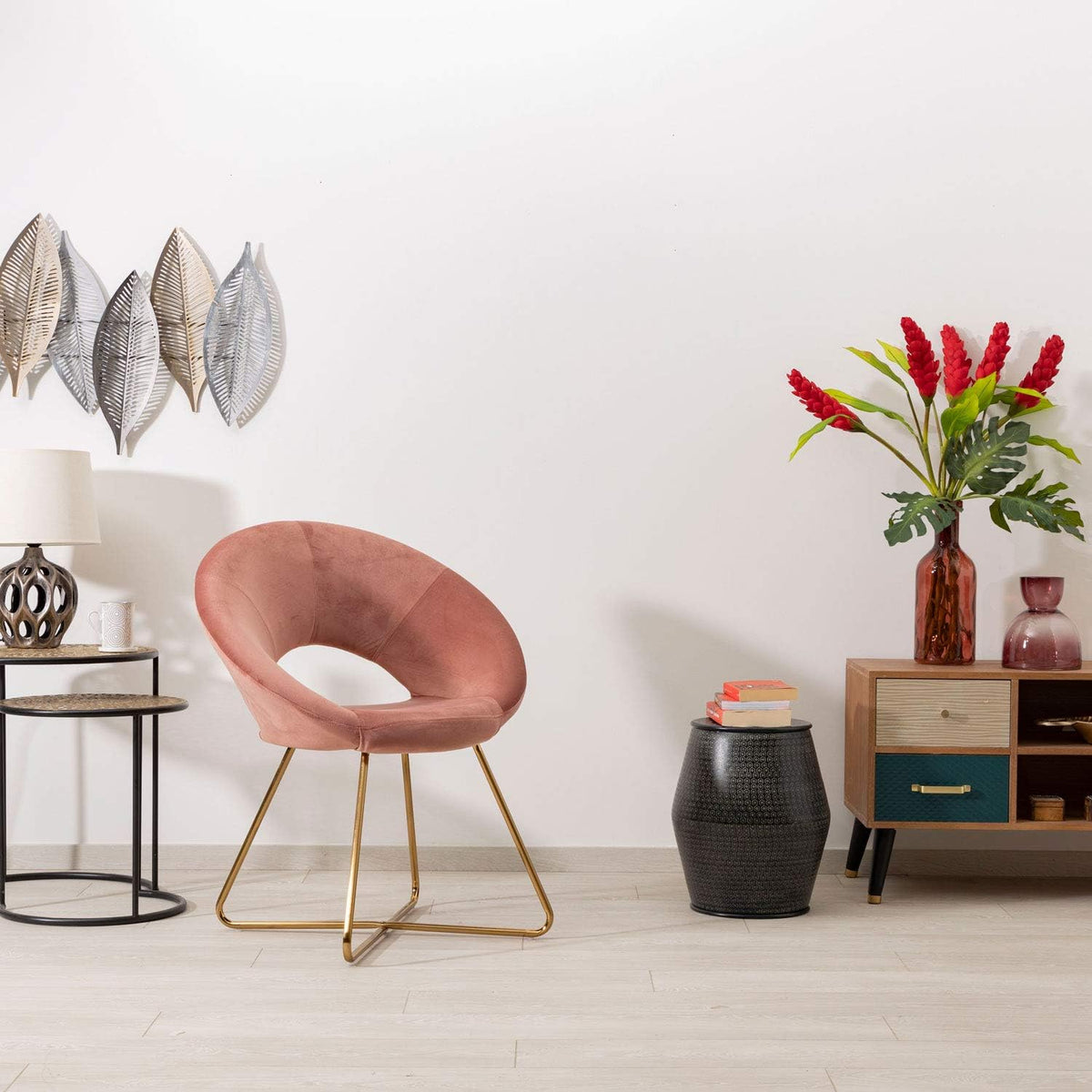 Montemaggi Fluwelen stoel met gouden poten, cirkelvormig, bureaustoel, woonkamerstoel, ergonomische stoelen, 71 x 59 x 84 cm, poederroze