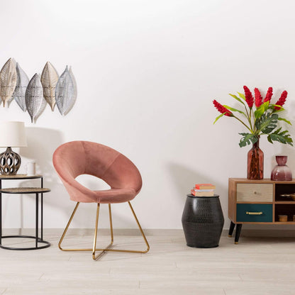 Montemaggi Fluwelen stoel met gouden poten, cirkelvormig, bureaustoel, woonkamerstoel, ergonomische stoelen, 71 x 59 x 84 cm, poederroze