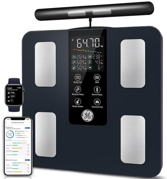 GE Lichaamsvetweegschaal GE personen: digitale weegschaal met lichaamsvet en spiermassa 8-elektroden lichaamsvetweegschaal met handsensoren BMI lichaamsgewicht spiermassa analyseapparaat, 180 kg/400