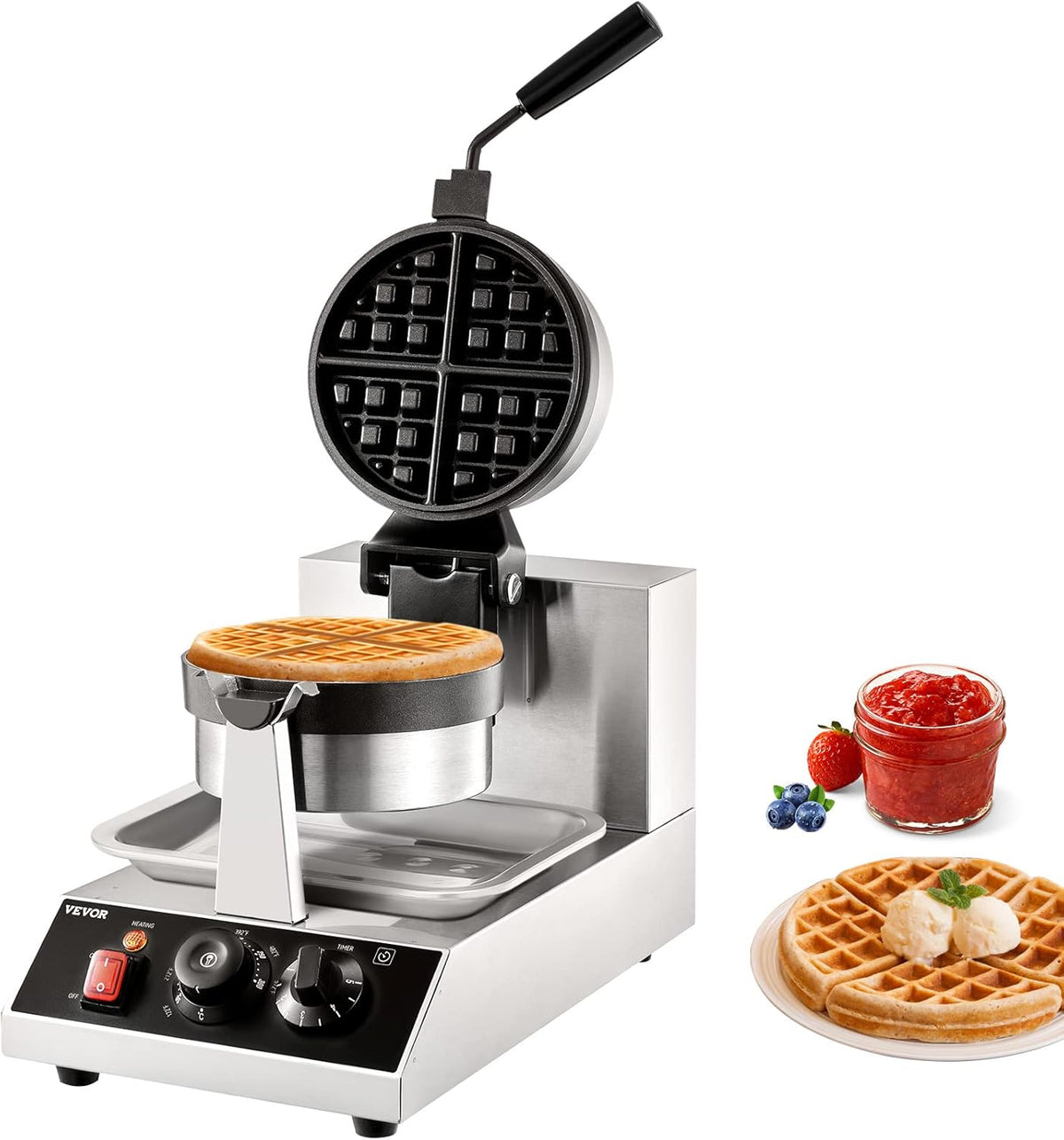 VEVOR Ronde wafelijzer wafel 1300 W, contactgrill Belgisch wafelijzer 4 stuks roestvrij staal wafelautomaat incl. voedselclip & borstels & brandveilig handvat, voor cafés, restaurant enz.